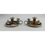 Unusual set of oak and silver plated candlesticks with in built match holder and snuffer, shields to