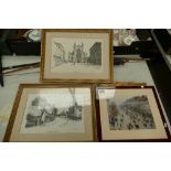 Two large framed M.P. Thompson etchings of Bath Abbey and Thatches of Welford, both limited