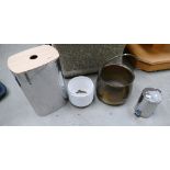 An assortment of items to include large brass cauldron, small modern chrome bin, similar waste