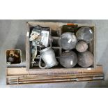 A mixed collection of items to include bowling balls, cricket ball, metallic items, a collection