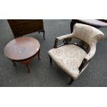 Edwardian upholstered horseshoe back chair and Queen Anne style coffee table (2)