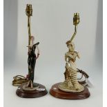 Two Leonardo resin lamp bases in the form of women on wooden bases.