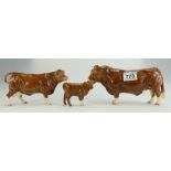 Beswick set of Limousin cattle comprising Cow 3075B, Bull 2463B and calf 1827E, limited small