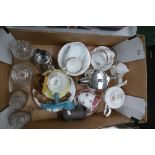 A mixed collection of items to include part tea sets, Tala type table top grinders, pressed glass