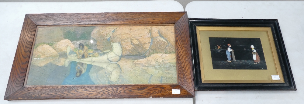 Two framed pictures including a Dutch scene by W. Jones (c.1921) and a Native American print by