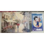 Large unmounted oil on canvas print of a Parisian Street scene together with modern tin plate