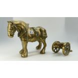 Large heavy brass cart horse ornament together with similar brass mounted canon. (2)