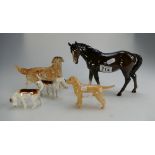 Larger size Beswick brown horse, Royal Doulton Retriever, Two Beswick fox hounds and a Beswick