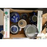 A collection of Wedgwood jasper ware items including dark blue dip jasper butter dish & cover,