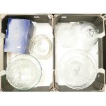 A collection of pressed glass items to include cake stands,