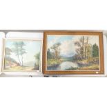 Two large framed oil on canvas landscape scenes, one signed by F.V. Veldheven. (2)