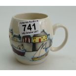 Moorcroft barrel mug with harbour design. Height 9cm.