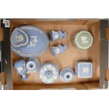 A mixed collection of Wedgwood items to include part dressing table sets, trinket boxes,