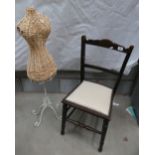 A Edwardian bedroom chair with turned legs and cream upholstered seat with a wicker mannequin. (2)