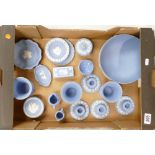 A good collection of Wedgwood Jasper ware items to include fruit bowl, candle sticks, sweet boxes,