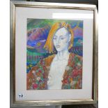 A large contemporary print of lady in a dress, signed Cheryl Porter, 86.