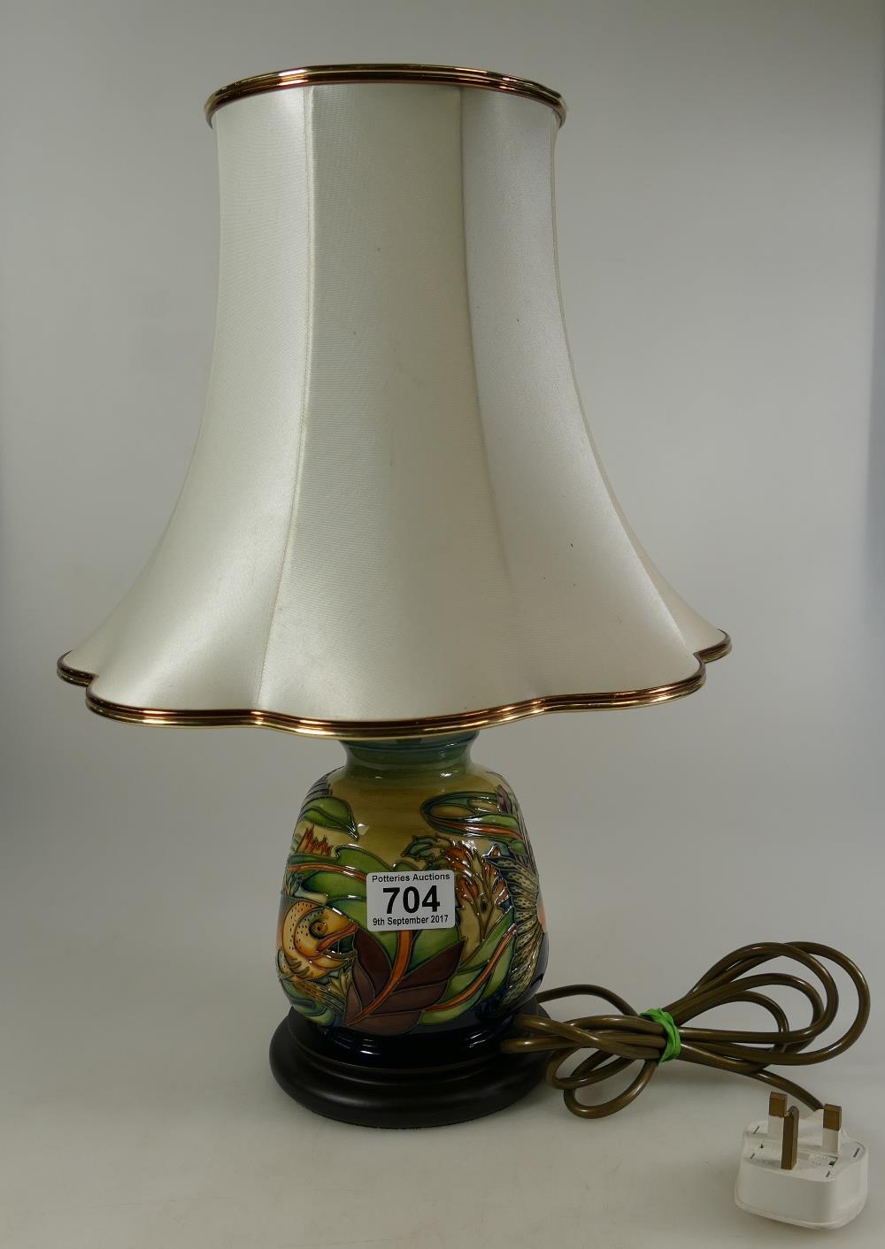 Moorcroft lamp with silk shade, Trout by