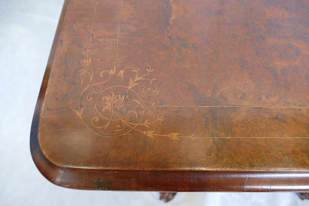 Victorian burr walnut inlaid fold over card table with oval top, - Image 3 of 5