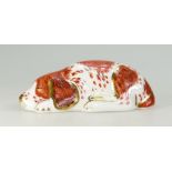 Royal Crwon Derby Paperweight Puppy with gold stopper. Boxed.