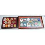 Large framed collection of collectable beer mats and similar cased item,