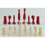 19th century ivory chess set one set in natural colour and the other in stained red colour (32)