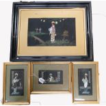 F Ridgeway - Four Oriental scene paintings, gouache on silk, 41cm x 25cm (1) and 11cm x 22cm (3),