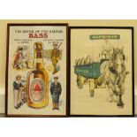 Vintage framed paper advertising posters featuring Bass The Drink of the Empire and Wadworth
