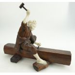 Japanese early 20th Century carved wood & ivory figure of a carpenter.