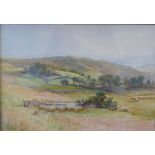 H Sinclair watercolour painting of farmer herding sheep in landscape scene in gilt frame 36 x 25cm