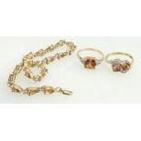 10 carat / 10 K American gold set - Gemstone set bracelet and 2 similar rings size P & O. Weight 12.