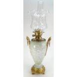 French 19th Century porcelain pâte-sur-pâte oil lamp decorated both sides with flowers & leaves