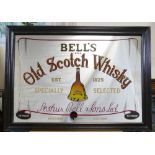 Vintage framed advertising mirror featuring Bells Old Scotch Whisky dimensions 66 x 92cm
