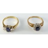 18ct gold sapphire and diamond, square cut sapphire flanked by 2 x .