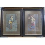 Staff Brett pair of early 20th century watercolour paintings of musketeers in oak frames,