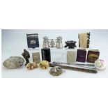 A collection of miniature collectable items including mother of pearl opera glasses,