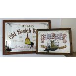 Vintage Union Pacific and Bells old scotch whisky framed advertising mirrors featuring dimensions