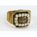 Victorian yellow metal, pearl & enamel mourning ring dated 1813, damaged- tested as higher carat 4.