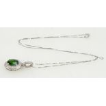 18ct white gold pendant set with single green oval Russian Diopside stone 7 x 6mm, 4.