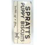 1930's enamel advertising sign "Sprats Puppy Biscuits build up a dog" with dog logo,