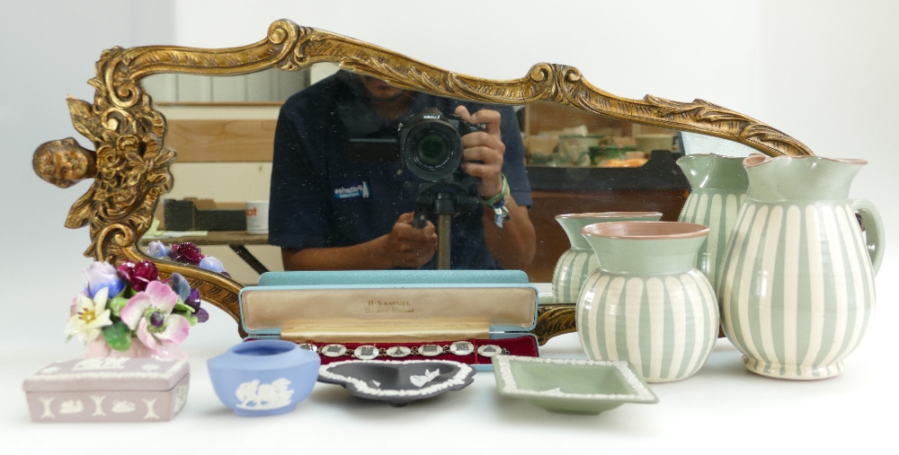 A mixed lot to include an unusual small gilt mirror, Wedgwood jasper ware,