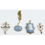 Collection of 9ct gold mounted pendants & chains - large jasper pendant 55mm, suspender damaged,