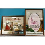Vintage framed advertising mirrors for Beaujolais Patriarche and Yates fine wines since 1884