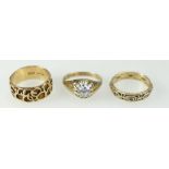 9ct gold rings x 3 - includes large white stone solitaire, 12.2 grams gross.