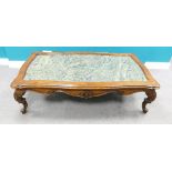 Quality large carved shaped oak French Louis XV style coffee table with green marble top