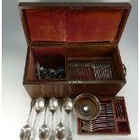 A large collection of 19th century silver plated cutlery in early mahogany silver box with brass