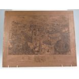 19th century copper printing plate etched with "Birds-eye View of Birmingham" in 1886,