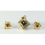 18ct gold diamond and sapphire pendant 17mm high and similar 9ct sapphire earrings.