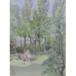 Reginald Haggar, watercolour painting of lady seated on deck chair in garden sewing,