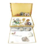 A collection of old costume jewellery and coins in two-drawer chest.