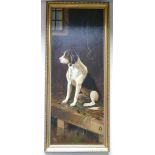 Oil painting on canvas of seated dog in barn, signed A.